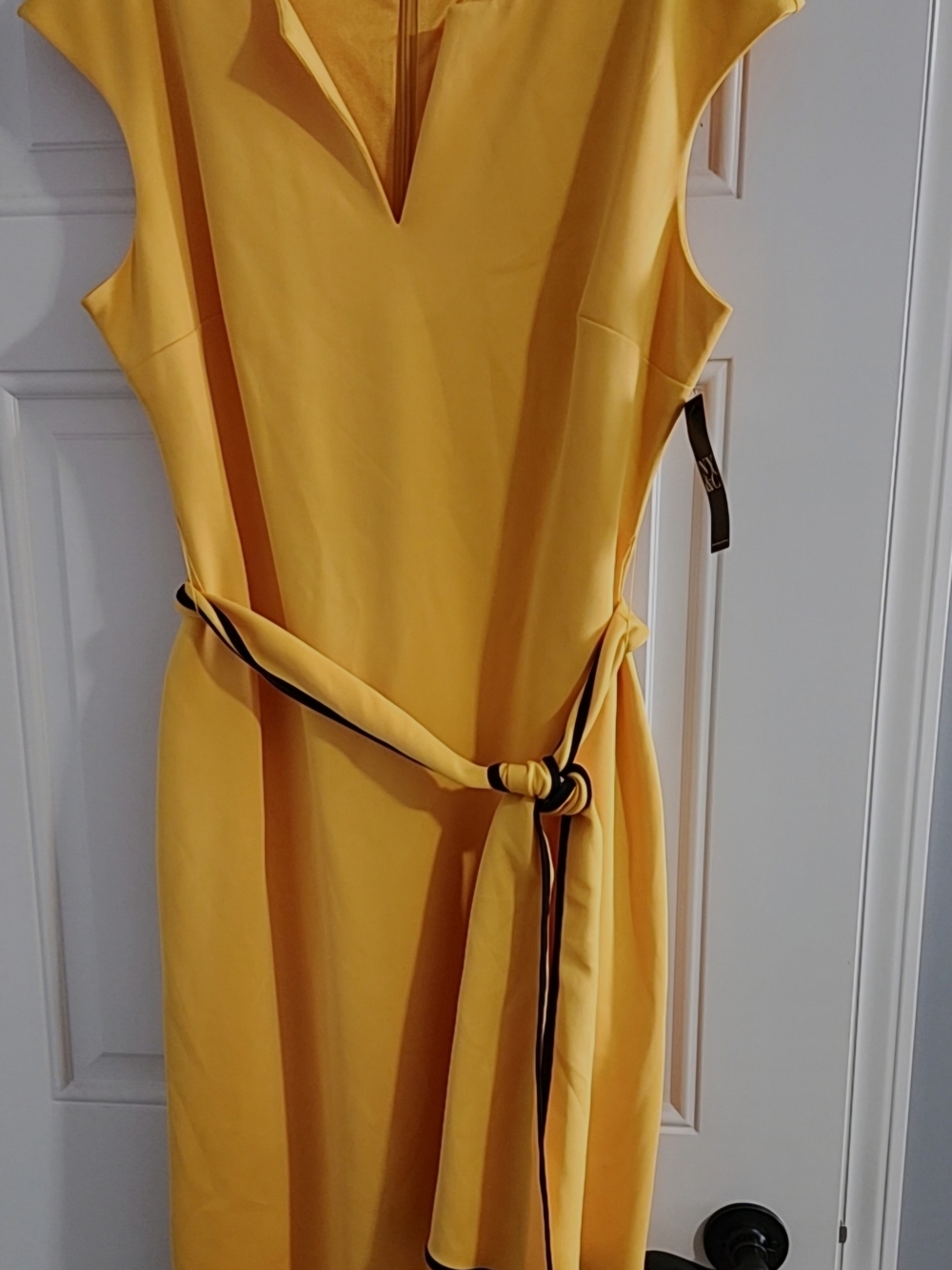 New York & Company Yellow V-Neck Belted Sheath Dress